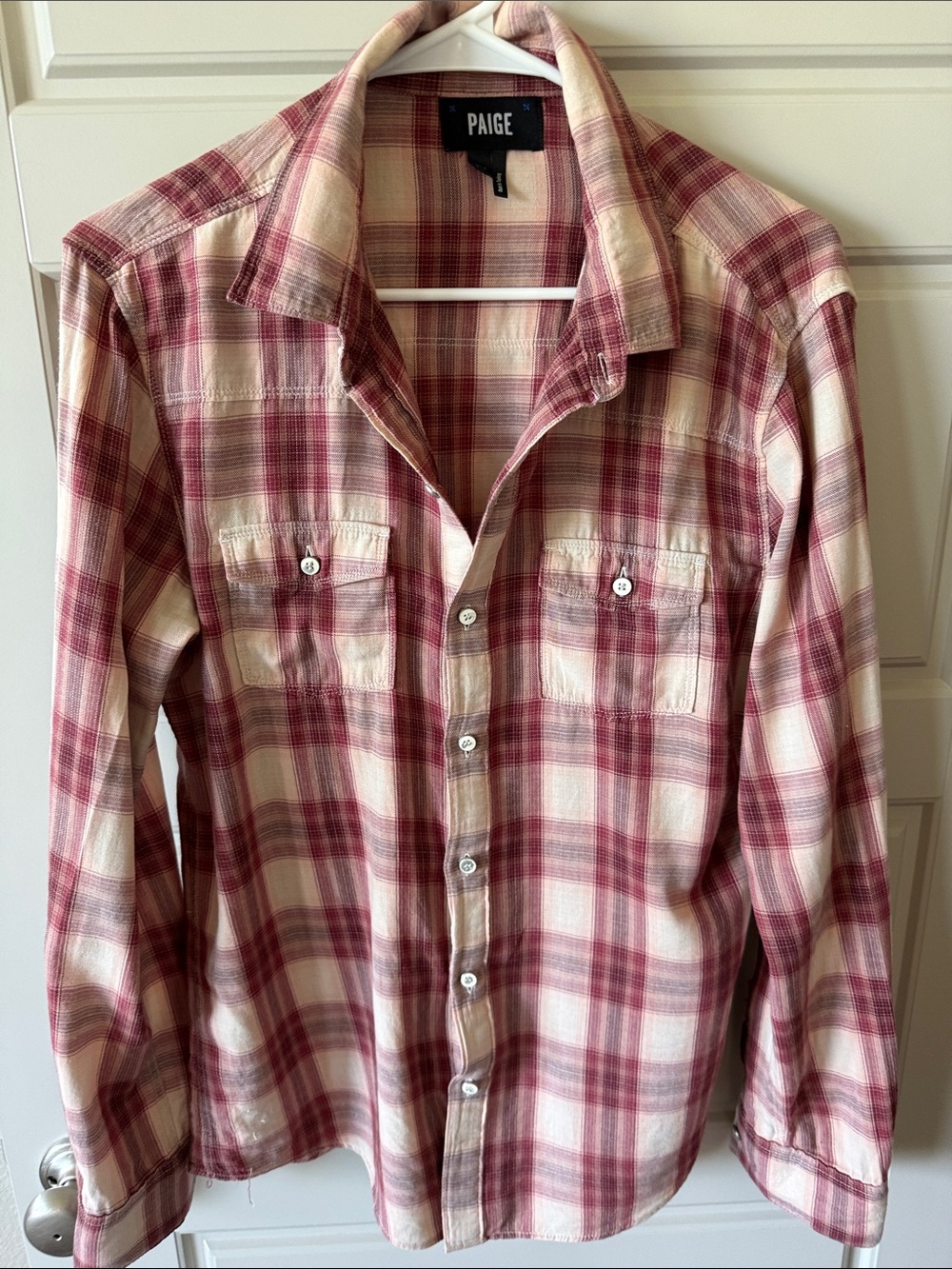 PAIGE Women’s Cream and Red Plaid Button-Down Shirt